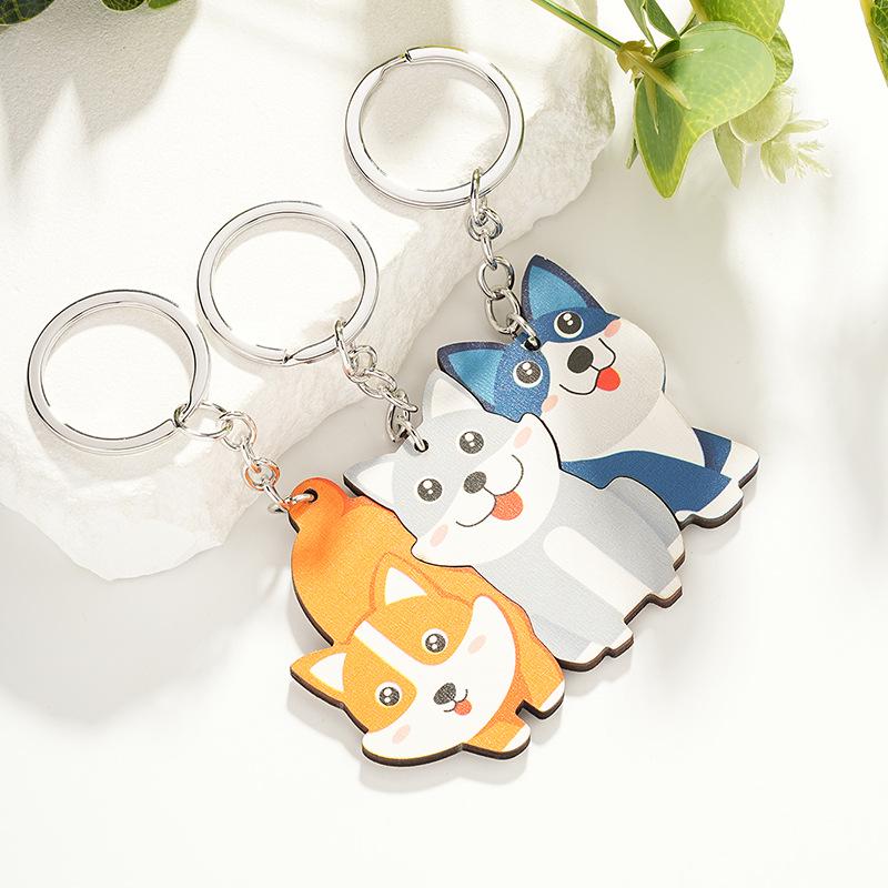 Cute Cartoon Animal Family Trio Wooden Puzzle Keychain Pendant