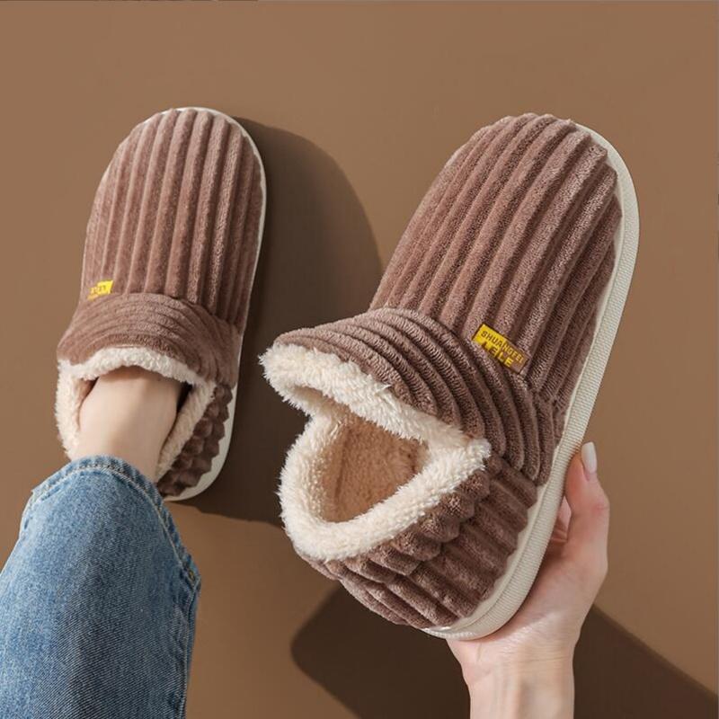Winter Couple Style Concise Stripes Wrap Heels Plush Slippers Ladies' Non-slip Soft Warm Flip Flops Men Home Casual Cotton Shoes