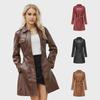 Women's Mid-Length Leather Jacket with Belt - Stylish British Windbreaker for Spring/Autumn