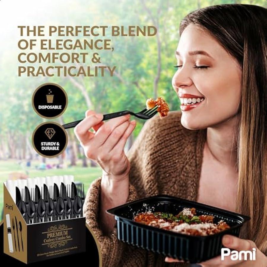 Premium Black Silverware Set With Knife Fork Teaspoon and Napkin 25 Sets HeavyDuty Fancy Disposable Cutlery Pack For Weddings a