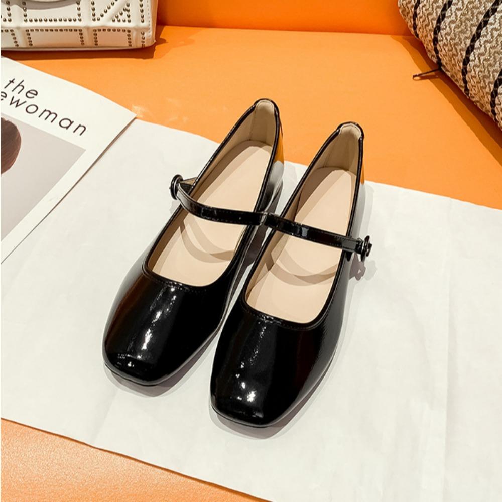 Fashion Red Little Leather Shoes for Women 2025 Spring Autumn Shallow Mouth Square Head Pumps Low Heel One Word Straw Mary Jane Shoes