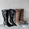 Sexy Pointed Suede Pleated Piled Boots Women's High Heel Fashion Belt Buckle Tall Thin Boots Thin Heel European and American Boots