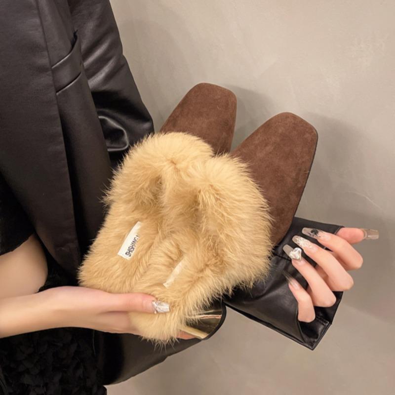 Women Fur High Heels Square Toe Slippers Cozy Suede Warm Plush Cotton Shoes Winter 2025 Trend Fashion Flip Flops Zapatos Mujer