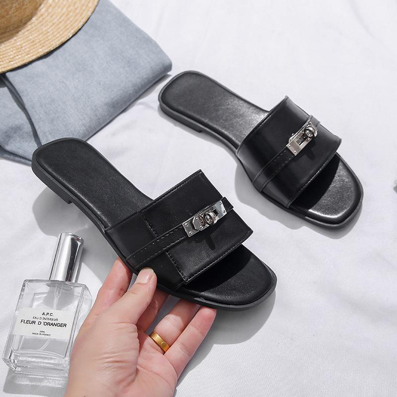 35-45 Large Size Korean Version of Small Silver Buckle One-word Drag 2025 Summer French Flat-bottomed Cool Slippers Half Slippers Outer Wear