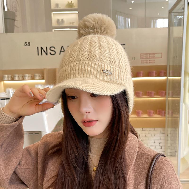 Autumn and Winter Ladies Rabbit Ears Knitted Hat Padded Warm Ear Protection Cap Wool Hat Thickened Duck Tongue Hat Beret