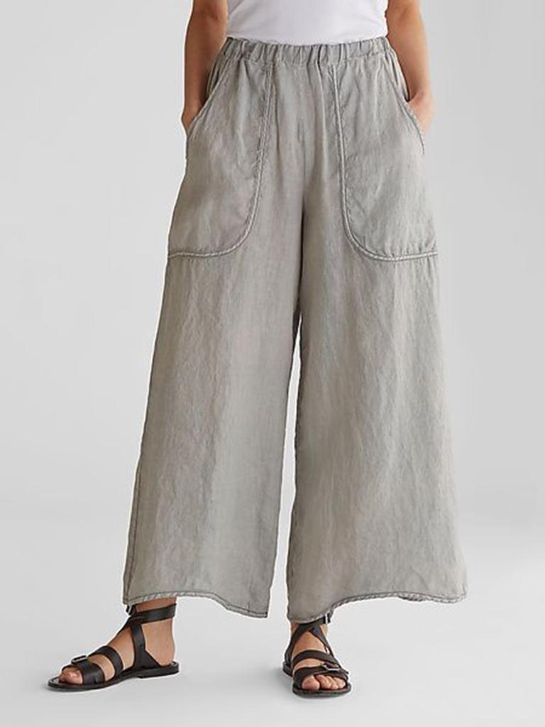 DX~~ Cotton Linen Wide-leg Pants, Mid-rise Casual Pants, Large Pocket Trousers