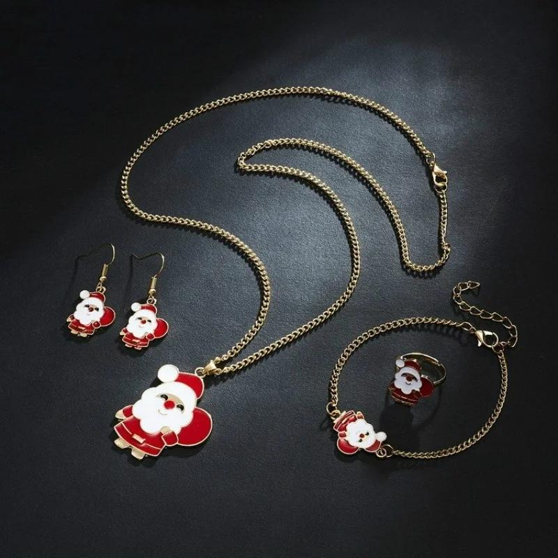 4pcs/set Christmas Necklace Earrings Bracelet Ring Four-piece Christmas Ornaments Xmas Gift Sjewerly Sets for Women