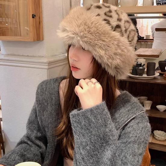 Winter Hat Leopard Print Thickened Warm Plush Hat Cold-proof Windproof Headwear Cold Weather Accessory