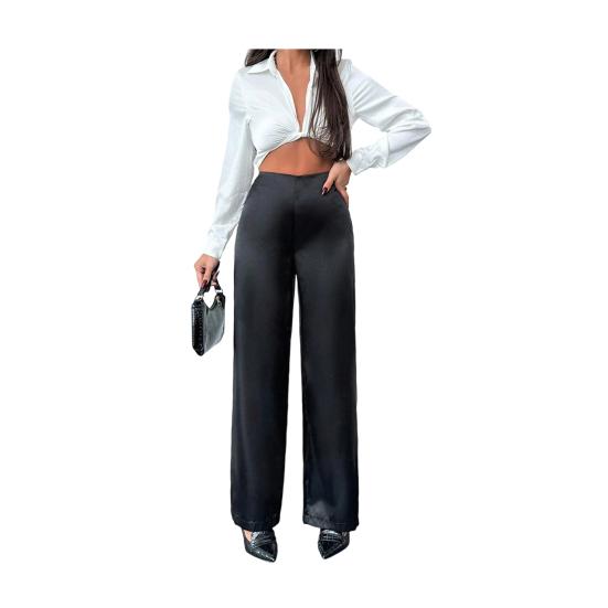 Women Pants Mid-rise Solid Color Loose Fit Wide Leg Design Long Trousers Smooth Satin Casual Trousers Daily Wear