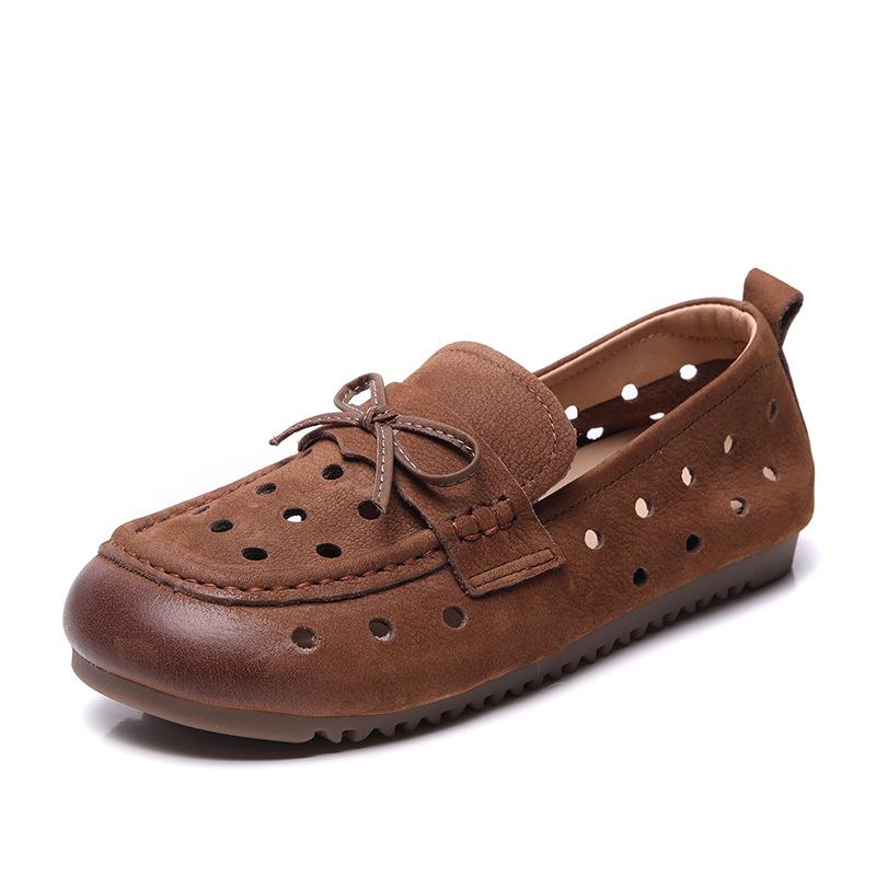Johnature Genuine Leather Hollow-out Women's Slip-on Shoes Comfortable Casual Flat Breathable Sandals