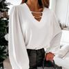 Spring Autumn Fashion Long Sleeve Blusa Elegant Solid Chain V-neck Chiffon Blouse Shirt Women Sexy Hollow Out Pullover Top