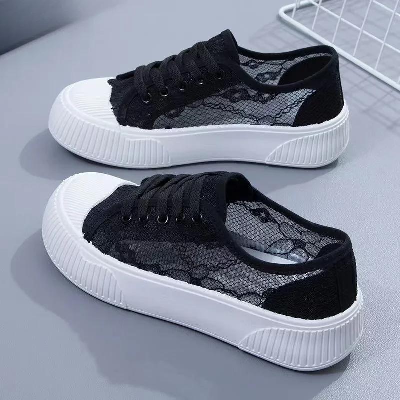 Summer Women Lace Casual Shoes Woman Breathable Mesh Sneakers Flats Platform Floral Loafers Comfort Shallow Walking Black Shoes