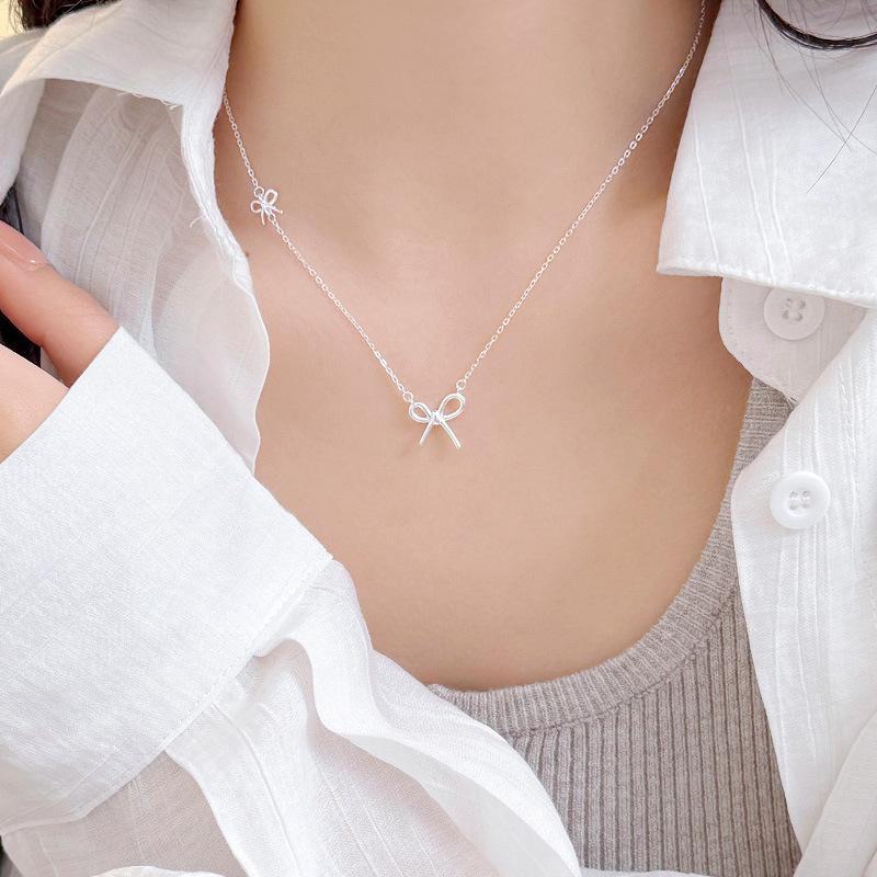 Banyan Tree S925 Silver Bowknot Necklace - Sweet Korean Style Clavicle Chain for Women