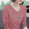 100% Cotton Women's V-Neck Long-Sleeve T-Shirt, 2024 Spring/Autumn, Slim Fit Large Size Korean Style Top.