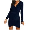 Women's Solid Color Long-sleeved Cross V-neck Sexy Bag Hip Slim Shiny Evening Dress Knee-length Dress