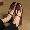 Full Grain Leather Fashion Spring Autumn Med Heels Women Round Toe Buckle Straps Shoes Shallow Pumps