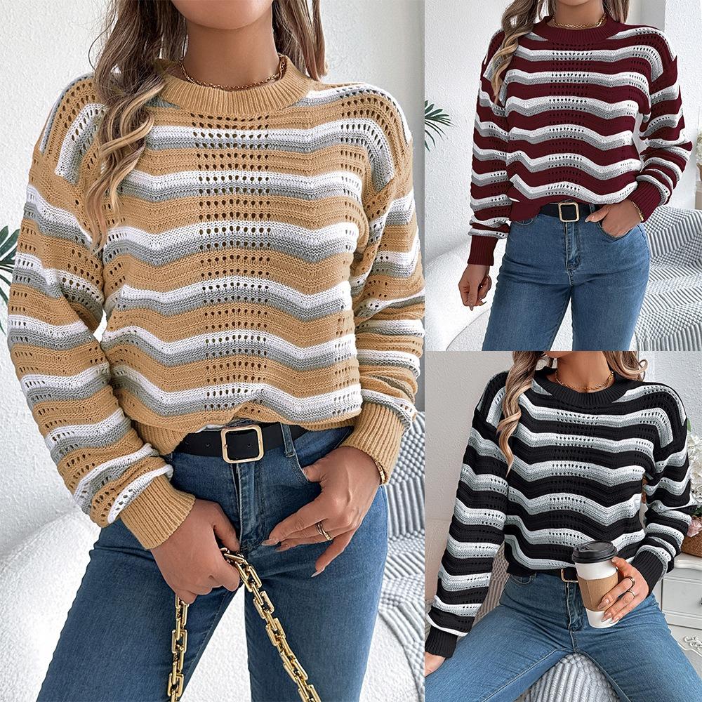 Fashionable Women's Casual Openwork Colour-Block Striped Lantern-Sleeve Pullover