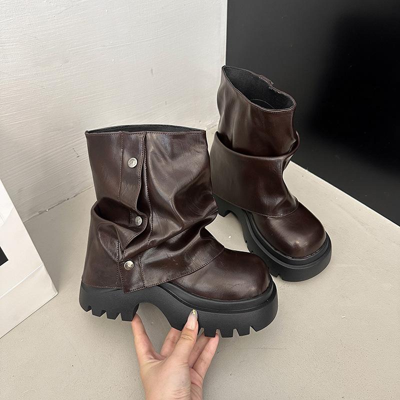 Sense of Design British Leather Boots Rivet Stacking Boots Women's Autumn and Winter Fashion Thick-soled Thin Thick-heeled High-heeled Martin Boots