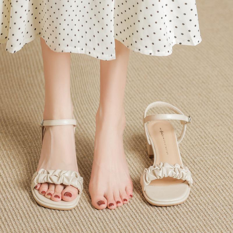 Leather Flat for Huizhou Women's Shoes Heels French One-word Sandals Thick Heel Summer New Open-toed Sandals