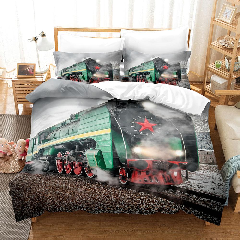 Steam Engine Duvet Cover Set Locomotive Green Black Train On Steel Railway Track Travel Adventure Graphic Print King Queen Size