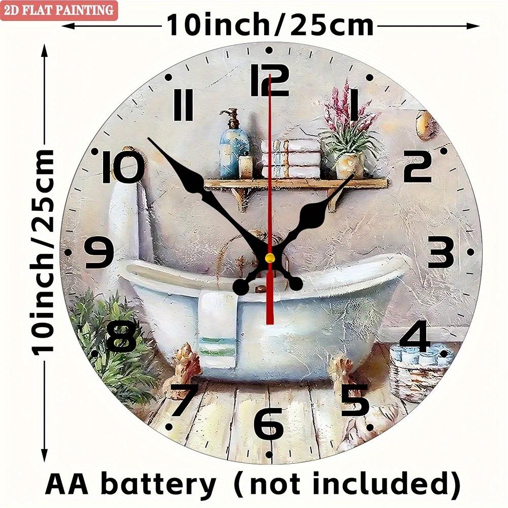 Bathroom Theme Wall Clock. Bathtub & Plants Design, Silent for Kitchen or Living Room.