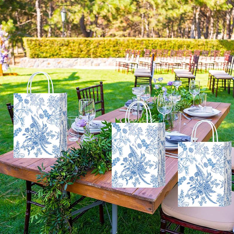 10pcs Blue & White Shopping Paper Gift Bags Elegant Porcelain Floral Tote Bags Chinese With Twine Handles Weddings