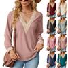 2024 European And American Autumn And Winter New Lace Patchwork V-Neck Loose Long Sleeved T-Shirt Top For Women