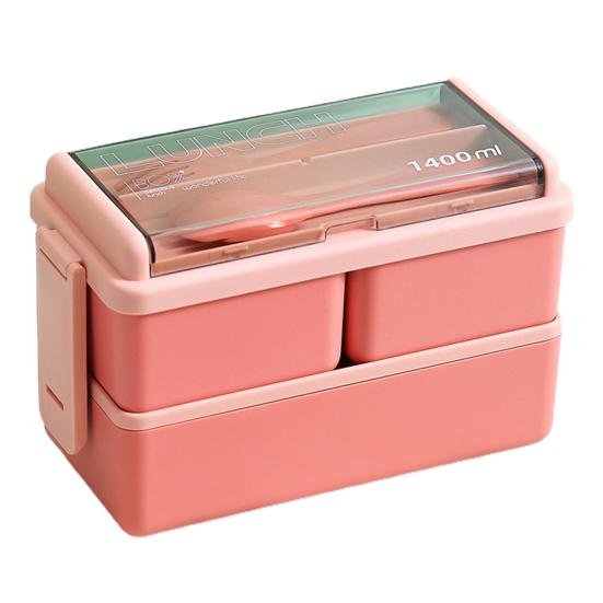 Lunch Box Compartment Design Easy Carrying Double Layer Microwave Safe Japanese Style Students Bento Box with Fork Spoon Daily Use