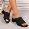 Summer New Large Size Fly-woven High-heeled Cool Slippers Women's Knitted Breathable Thick-heeled Fashion One-character Sandals