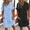 Summer Women Dress Turn-down Collar Single-breasted Loose Short Sleeves Loose Solid Color Patch Pocket Knee Length Commute Leisure Midi Dress