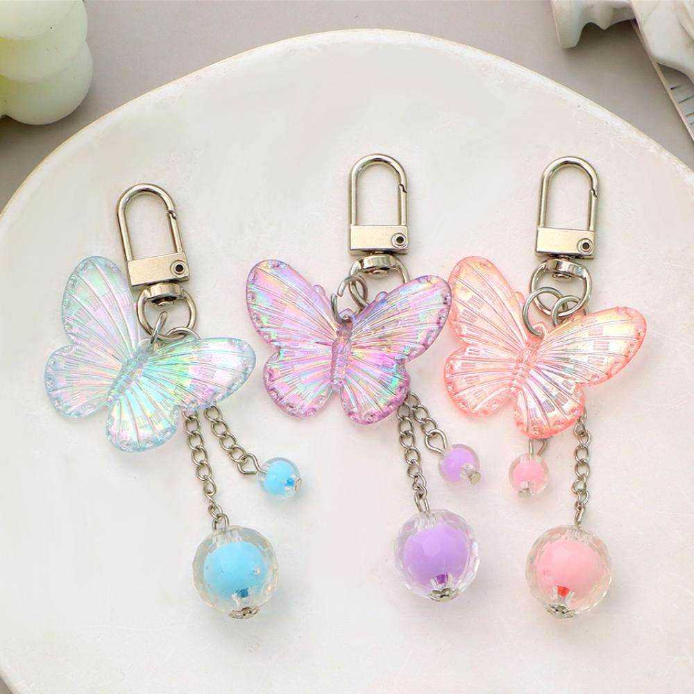 Cute Acrylic Butterfly Keychain Transparant Round Ball Tassel Keyring Women Bag Charm Earphone Case Car Key Pendant DIY Ornament