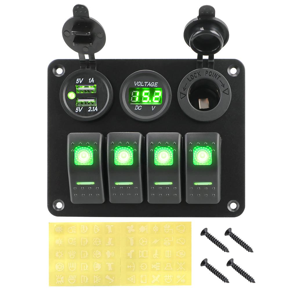 LED Rocker Switch Panel Interior Accessories Digital Voltmeter Aluminum Panel Dual USB Port 4 Gang Waterproof for Car RV Camper Caravans