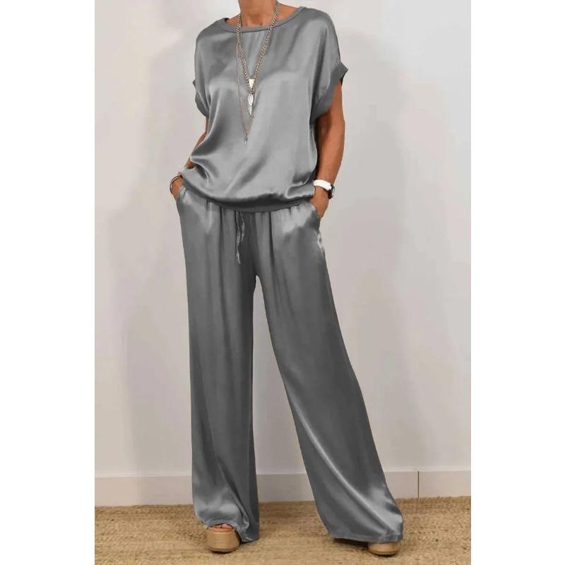 JKASHDK Women's Fashion Casual Summer Spring Solid Color Print Short Sleeve O-Neck Trousers Pants Suits