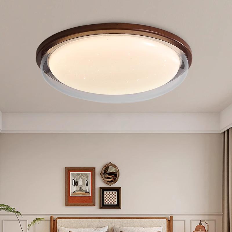 "Walnut Finish Full Spectrum Ceiling Lamp: Designer Round Bedroom & Study Light"