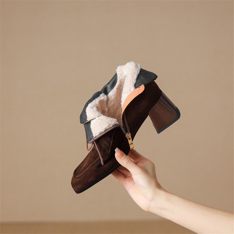 Fashion New Autumn Winter Sheep Suede Women Shoes Square Toe Retro Lace Up Short Boots for Women Chunky Heel High Heel Women Boots