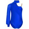 Girls Dance Leotard One Shoulder Design Mock Neck Long Sleeve Ruched Mesh Overlay Performance Bodysuit