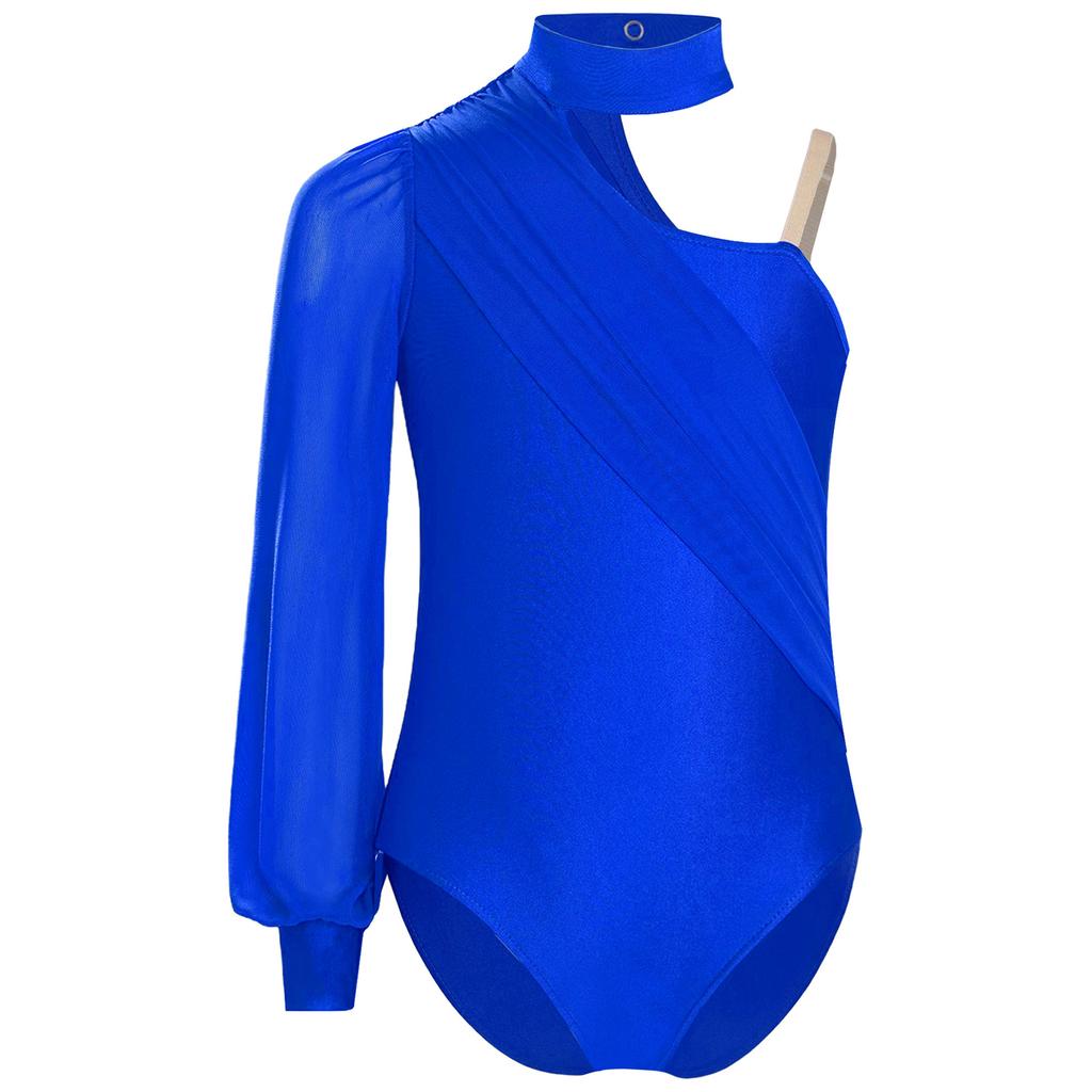 Girls Dance Leotard One Shoulder Design Mock Neck Long Sleeve Ruched Mesh Overlay Performance Bodysuit