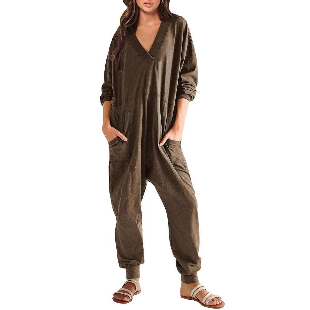 Women's Fashion Loose Casual Long Sleeve V-Neck Solid Colour Pocket Jumpsuit