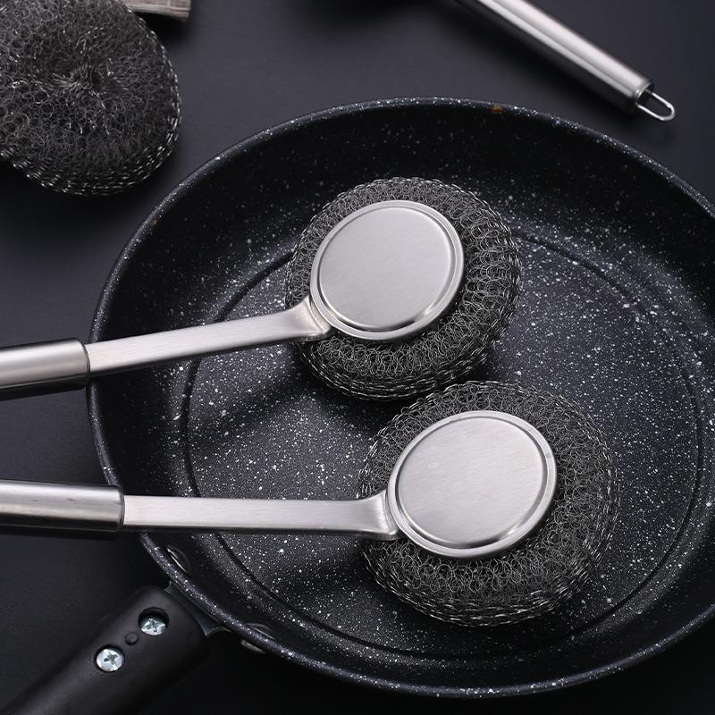 Stainless Steel Long Handle/Short Handle Cast Iron Pan Scrubbers Brush Household Stove Kitchen Specific Steel Wire Ball Cleaning Brush