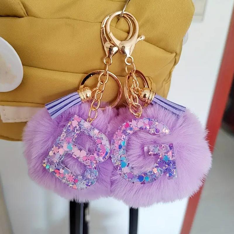 Adorable A-Z Letters Initial Keychain Sparkling Resin Alphabet Fluffy Hairball Pendant Backpack Decoration Accessories Gifts