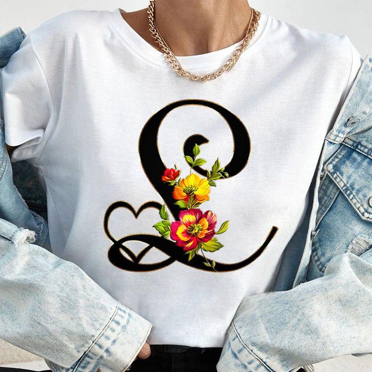 Custom Name Letter Combination Tops Fashion Women T-Shirt Rose Flower Heart Letter Font A B C D Short Sleeve Tees Black T-Shirt