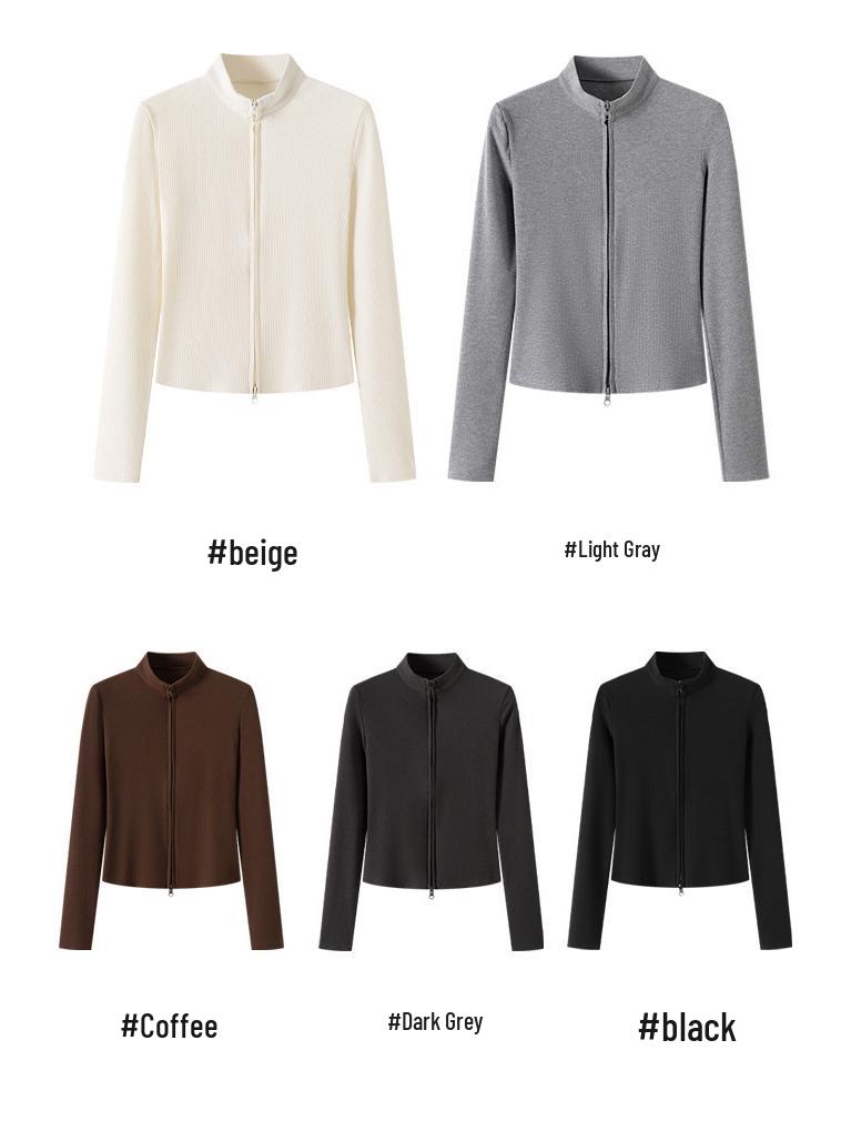 Women's Slimming Double Zipper Knitted Jacket with Stand Collar - Versatile Long Sleeve Cardigan for Spring and Autumn.