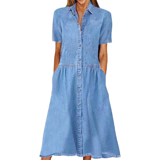 Women Dress Elegent Beauty Lady Dress Collar Splicing Summer Midi Long Lady Pocket Button Denim Loose Lapel Dress
