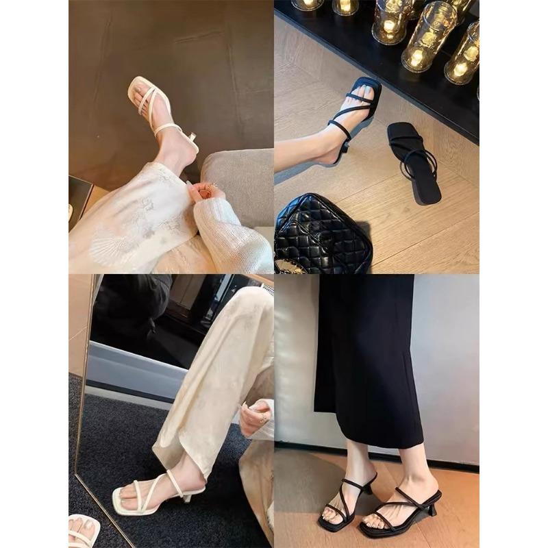 Summer New Women's High Heel Slippers Fashion Square Toe Grace Narrow Band Solid Casual Daily Slippers Zapatos De Mujer