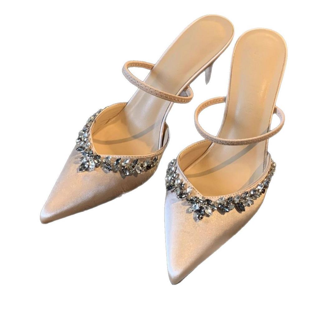 Popular Beautiful Bag Head Cool Slippers Women's 2025 Spring and Summer New Apricot Pointed Head Thin Heel Sexy Word with High Heels