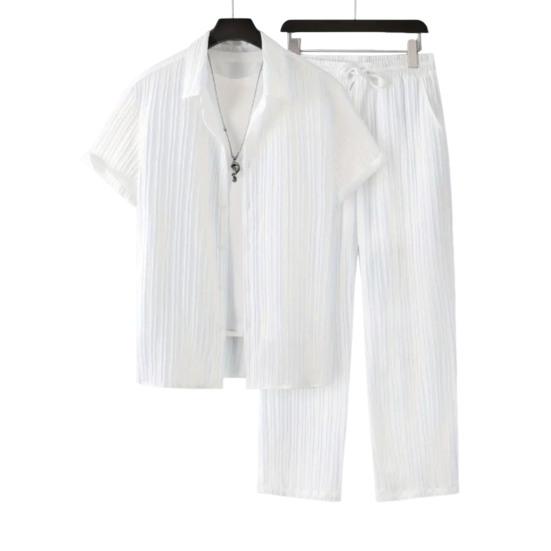 2 шт./комплект мужской повседневный наряд однобортная рубашка с лацканами короткий рукав эластичный пояс длинные брюки комплект однотонный наряд