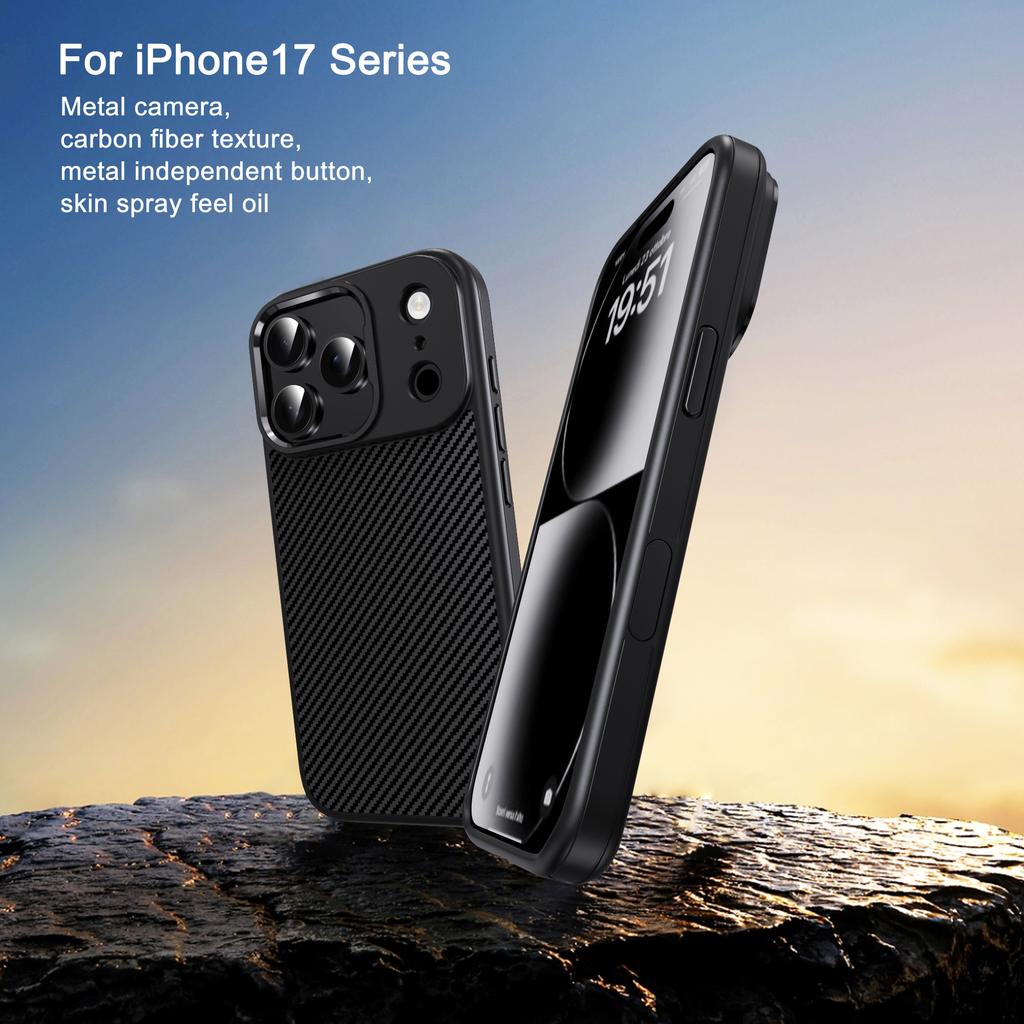 IPAKY For iPhone 17 Pro TPU Case Carbon Fiber Texture Phone Cover Metal Lens Frame
