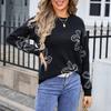 Women's Casual Fashion Comfortable Round Neck Pullover Contrast Color Flower Long Sleeve Street Trend Knitted Sweater