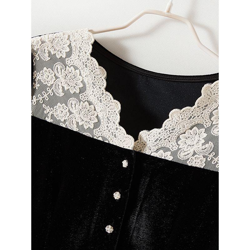 Elegant Girls' Single-Breasted Lace Patchwork Fake Two-Piece Pleuche Long Sleeve Shirt Spring and Autumn Coat Soft Glutinous Non-Inverted Velvet