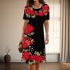Women's Fashion Graceful Beautiful Rose Print Summer Spring Short Sleeve O-Neck Casual Dresses